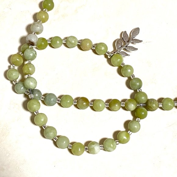 Serpentine Stone Silver Leaf Branch Necklace, Genuine Gemstone Beaded Necklace - Picture 7 of 9